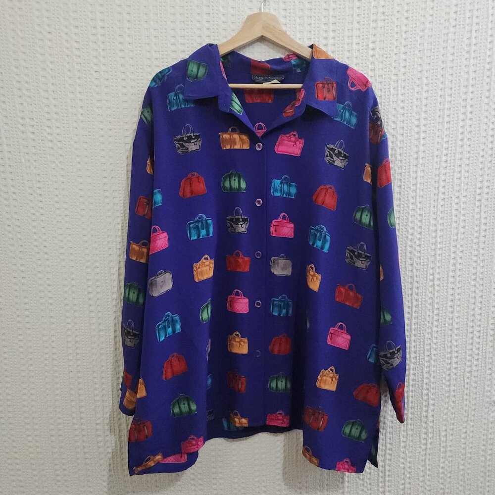 Vintage Maggie McNaughton handbag print colorful button up blouse Purple 3X - Picture 3 of 12